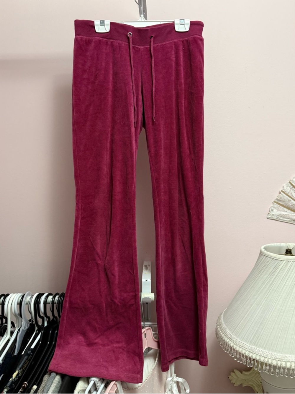 Plush Velour Y2K Flared Drawstring Pants - Hot Pink / Fuscia